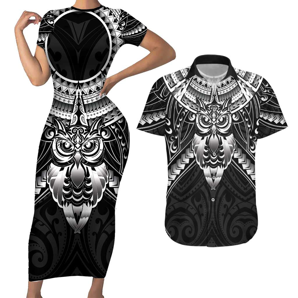 New Zealand Morepork Couples Matching Short Sleeve Bodycon Dress and Hawaiian Shirt Maori Pattern Black LT05 Black - Polynesian Pride