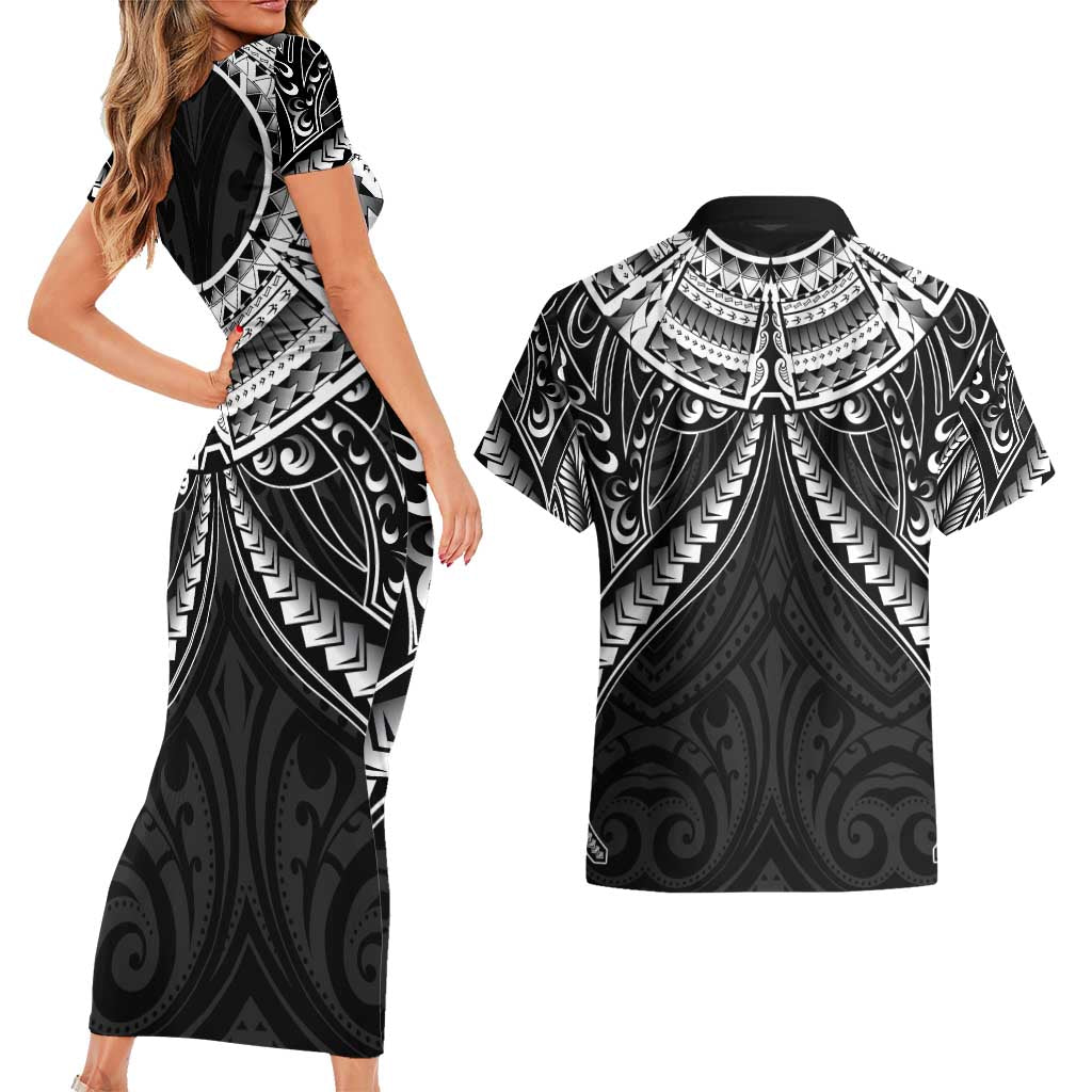 New Zealand Morepork Couples Matching Short Sleeve Bodycon Dress and Hawaiian Shirt Maori Pattern Black LT05 - Polynesian Pride