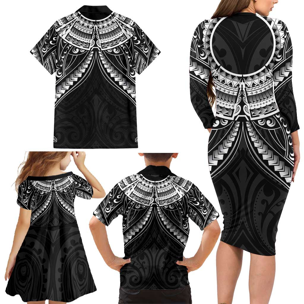 New Zealand Morepork Family Matching Long Sleeve Bodycon Dress and Hawaiian Shirt Maori Pattern Black LT05 - Polynesian Pride