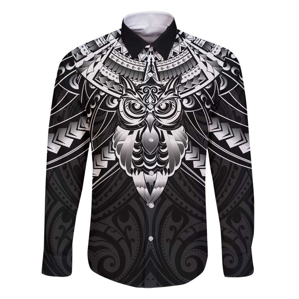New Zealand Morepork Family Matching Long Sleeve Bodycon Dress and Hawaiian Shirt Maori Pattern Black LT05 Dad's Shirt - Long Sleeve Black - Polynesian Pride
