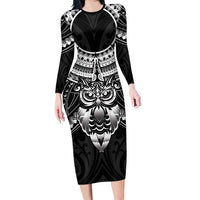 New Zealand Morepork Family Matching Long Sleeve Bodycon Dress and Hawaiian Shirt Maori Pattern Black LT05 Mom's Dress Black - Polynesian Pride