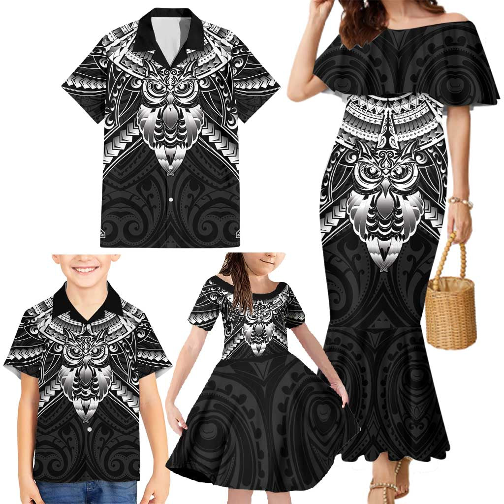 New Zealand Morepork Family Matching Mermaid Dress and Hawaiian Shirt Maori Pattern Black LT05 - Polynesian Pride
