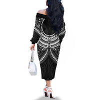 New Zealand Morepork Family Matching Off The Shoulder Long Sleeve Dress and Hawaiian Shirt Maori Pattern Black