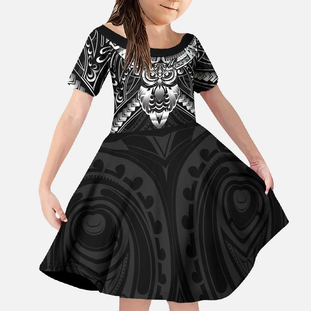 New Zealand Morepork Family Matching Off Shoulder Maxi Dress and Hawaiian Shirt Maori Pattern Black