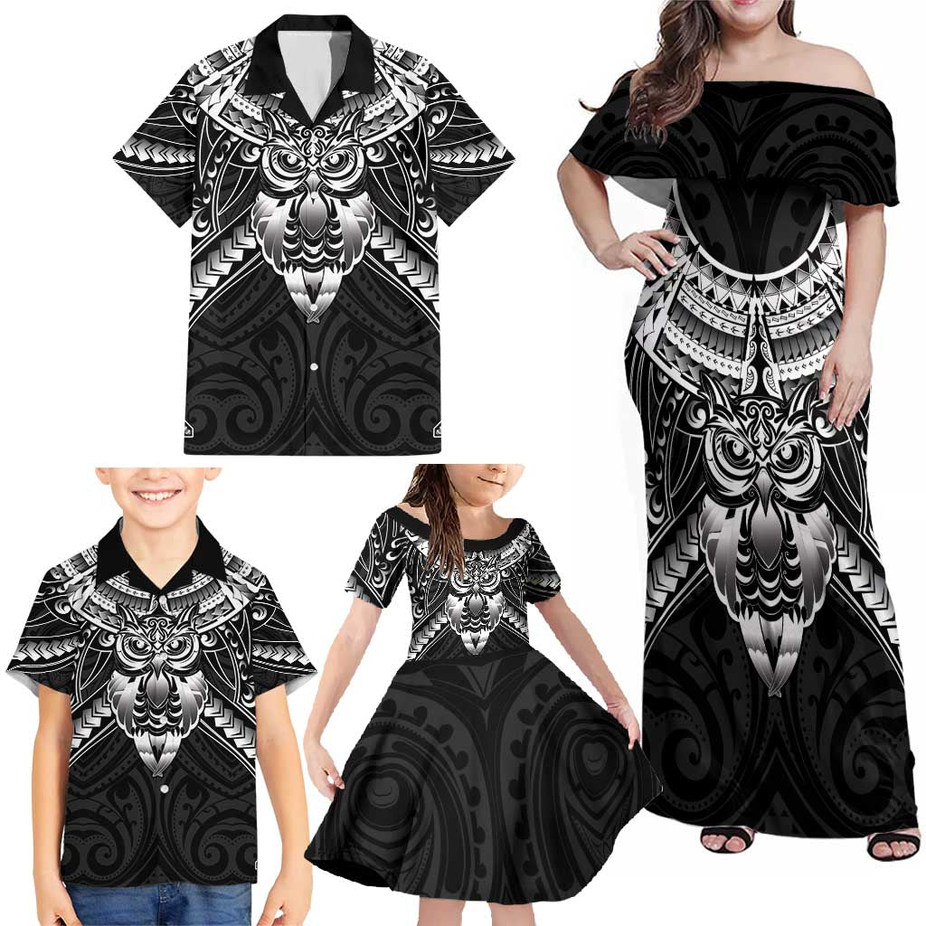 New Zealand Morepork Family Matching Off Shoulder Maxi Dress and Hawaiian Shirt Maori Pattern Black LT05 - Polynesian Pride