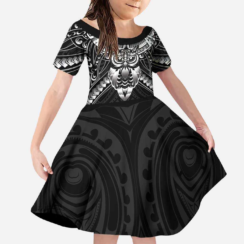 New Zealand Morepork Family Matching Short Sleeve Bodycon Dress and Hawaiian Shirt Maori Pattern Black LT05 Daughter's Dress Black - Polynesian Pride