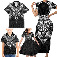 New Zealand Morepork Family Matching Short Sleeve Bodycon Dress and Hawaiian Shirt Maori Pattern Black LT05 - Polynesian Pride