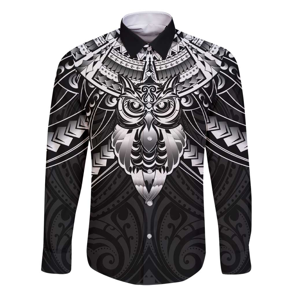 New Zealand Morepork Family Matching Short Sleeve Bodycon Dress and Hawaiian Shirt Maori Pattern Black LT05 Dad's Shirt - Long Sleeve Black - Polynesian Pride