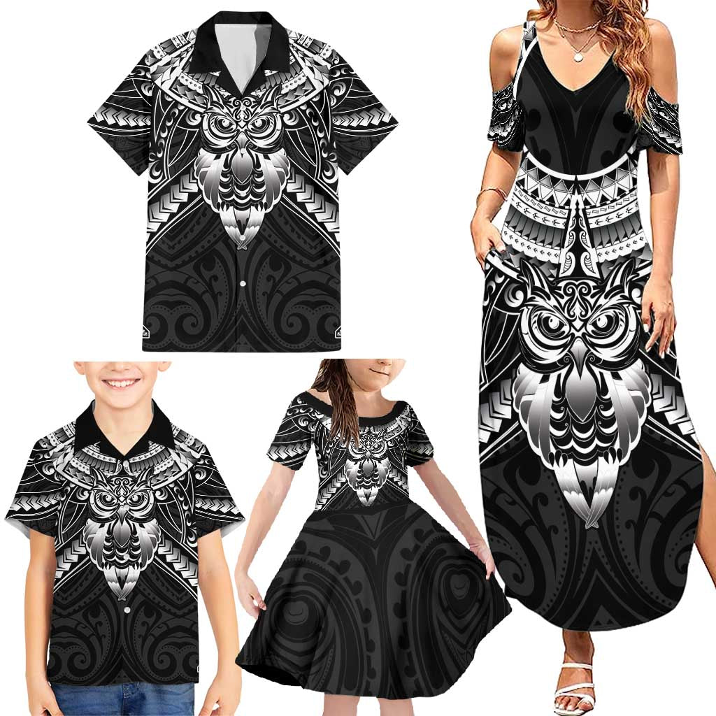 New Zealand Morepork Family Matching Summer Maxi Dress and Hawaiian Shirt Maori Pattern Black LT05 - Polynesian Pride