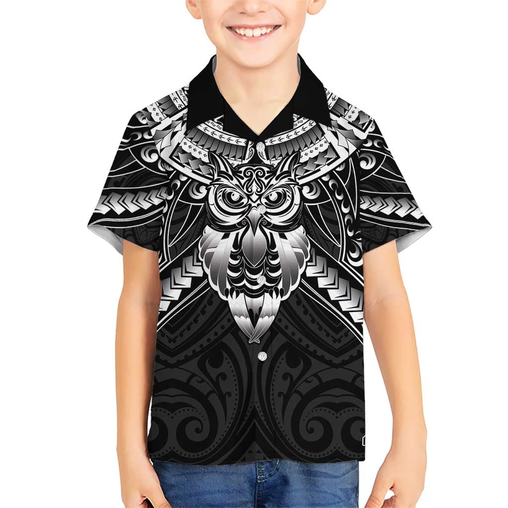 New Zealand Morepork Kid Hawaiian Shirt Maori Pattern Black LT05 Kid Black - Polynesian Pride