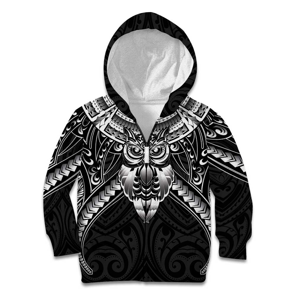 New Zealand Morepork Kid Hoodie Maori Pattern Black