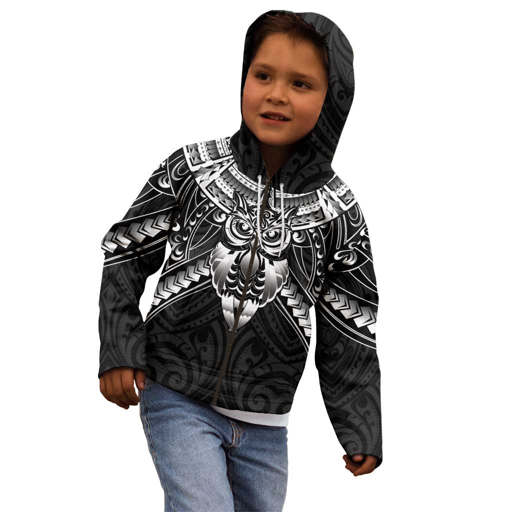 New Zealand Morepork Kid Hoodie Maori Pattern Black