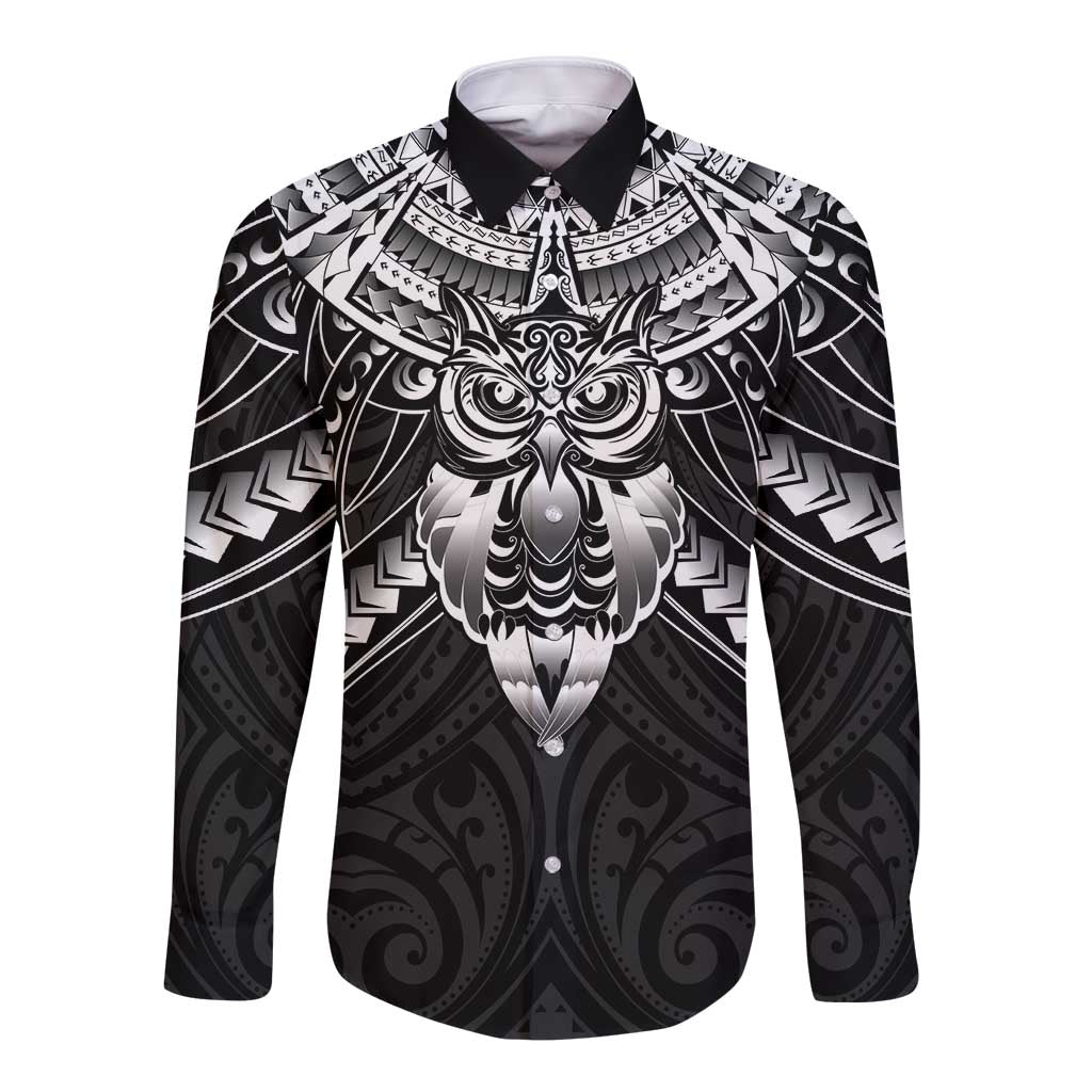 New Zealand Morepork Long Sleeve Button Shirt Maori Pattern Black