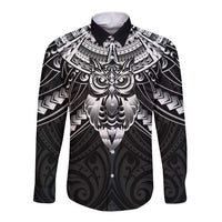 New Zealand Morepork Long Sleeve Button Shirt Maori Pattern Black