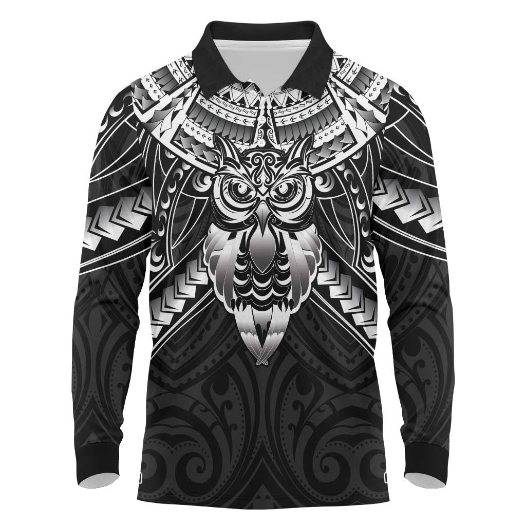 New Zealand Morepork Long Sleeve Polo Shirt Maori Pattern Black
