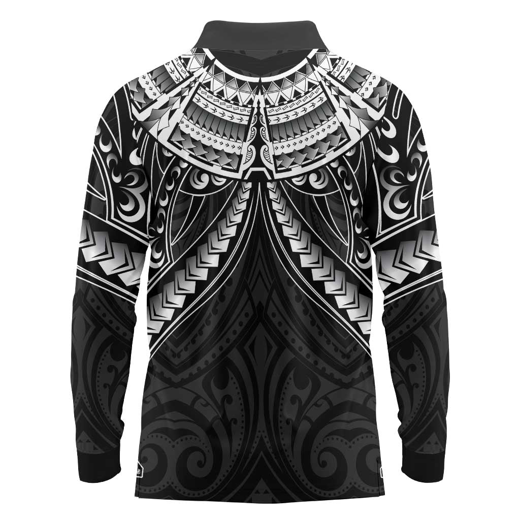 New Zealand Morepork Long Sleeve Polo Shirt Maori Pattern Black