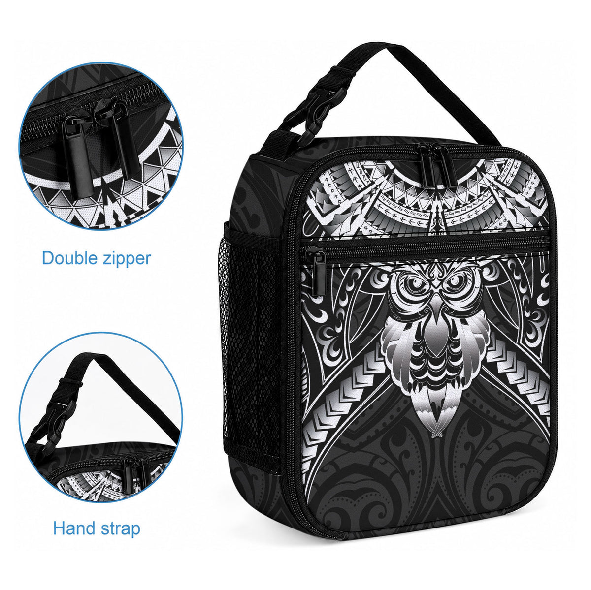 New Zealand Morepork Lunch Bag Maori Pattern Black