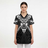 New Zealand Morepork Scrub Top Maori Pattern Black - Polynesian Pride