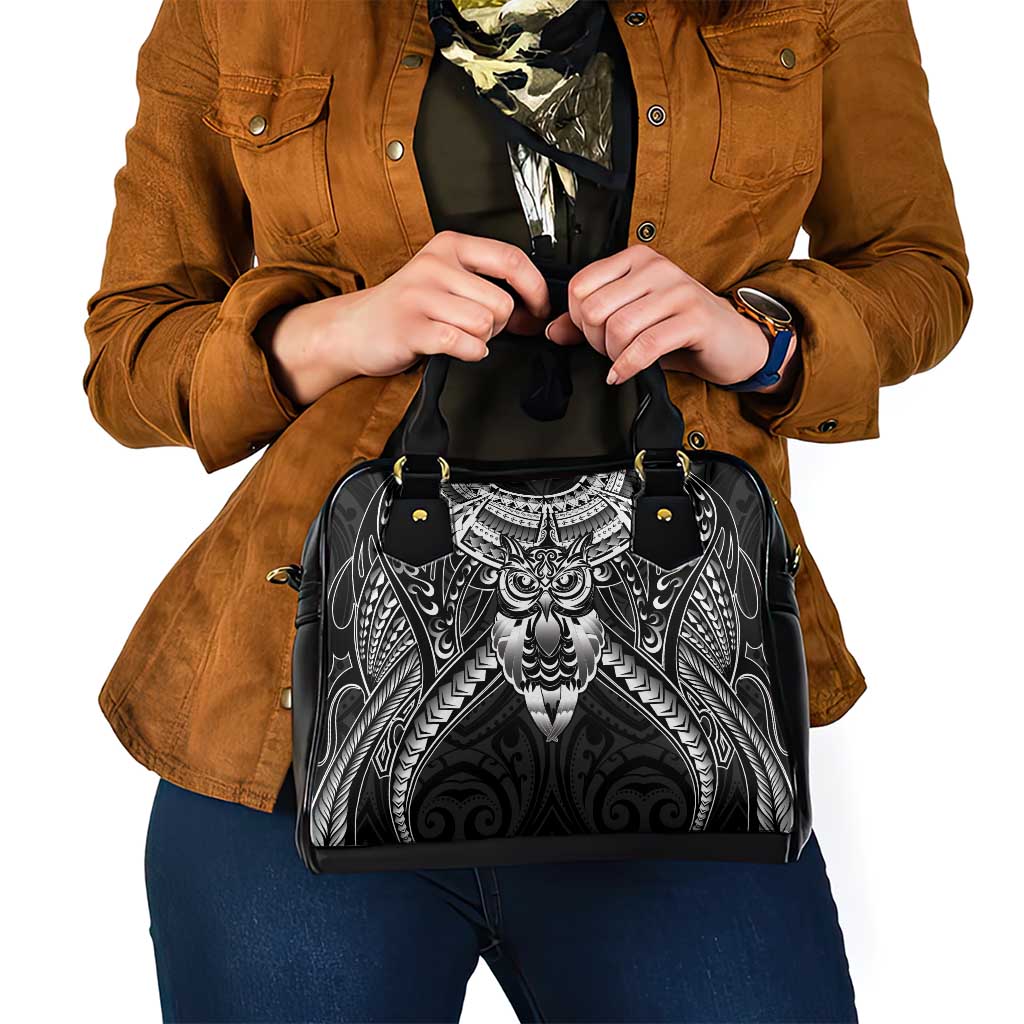 New Zealand Morepork Shoulder Handbag Maori Pattern Black
