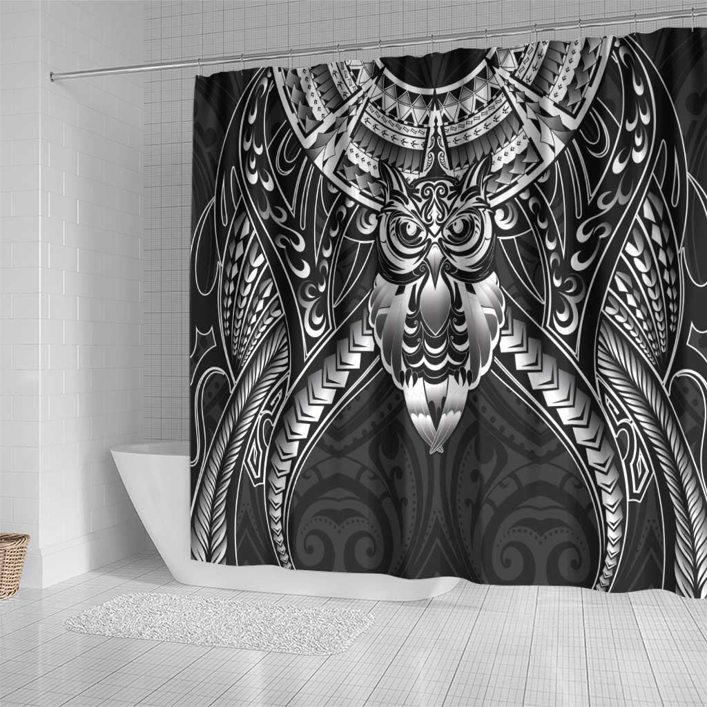 New Zealand Morepork Shower Curtain Maori Pattern Black