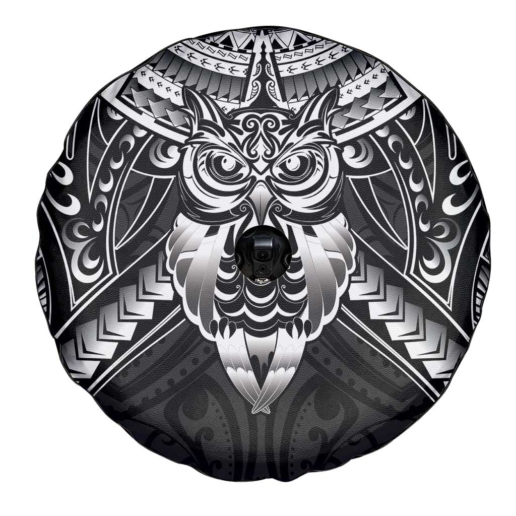 New Zealand Morepork Spare Tire Cover Maori Pattern Black