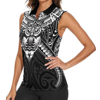New Zealand Morepork Women Sleeveless Polo Shirt Maori Pattern Black