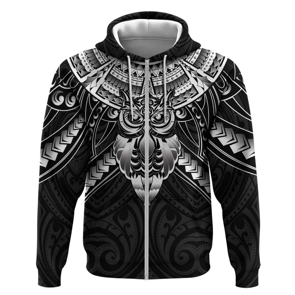 New Zealand Morepork Zip Hoodie Maori Pattern Black
