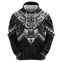 New Zealand Morepork Zip Hoodie Maori Pattern Black