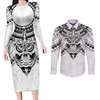New Zealand Morepork Couples Matching Long Sleeve Bodycon Dress and Long Sleeve Button Shirt Maori Pattern White LT05 White - Polynesian Pride