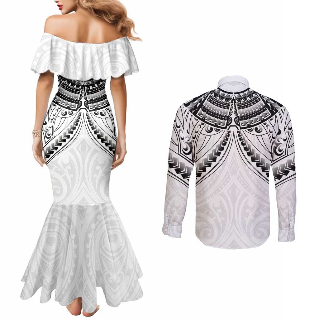 New Zealand Morepork Couples Matching Mermaid Dress and Long Sleeve Button Shirt Maori Pattern White LT05 - Polynesian Pride
