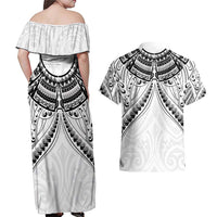 New Zealand Morepork Couples Matching Off Shoulder Maxi Dress and Hawaiian Shirt Maori Pattern White LT05 - Polynesian Pride