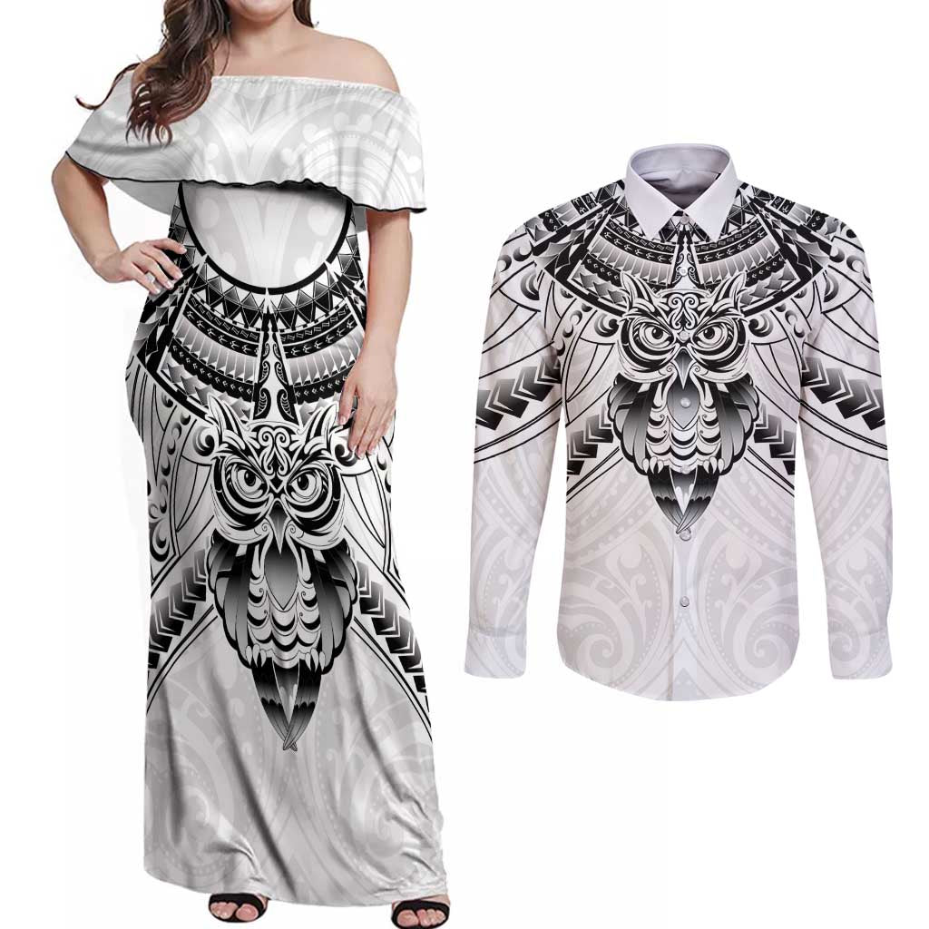 New Zealand Morepork Couples Matching Off Shoulder Maxi Dress and Long Sleeve Button Shirt Maori Pattern White