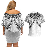 New Zealand Morepork Couples Matching Off Shoulder Short Dress and Hawaiian Shirt Maori Pattern White LT05 - Polynesian Pride