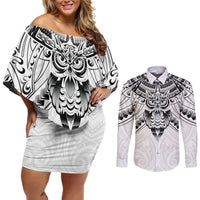 New Zealand Morepork Couples Matching Off Shoulder Short Dress and Long Sleeve Button Shirt Maori Pattern White