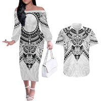 New Zealand Morepork Couples Matching Off The Shoulder Long Sleeve Dress and Hawaiian Shirt Maori Pattern White