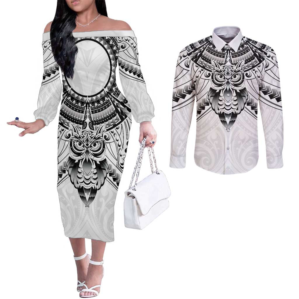 New Zealand Morepork Couples Matching Off The Shoulder Long Sleeve Dress and Long Sleeve Button Shirt Maori Pattern White LT05 White - Polynesian Pride