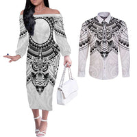 New Zealand Morepork Couples Matching Off The Shoulder Long Sleeve Dress and Long Sleeve Button Shirt Maori Pattern White LT05 White - Polynesian Pride