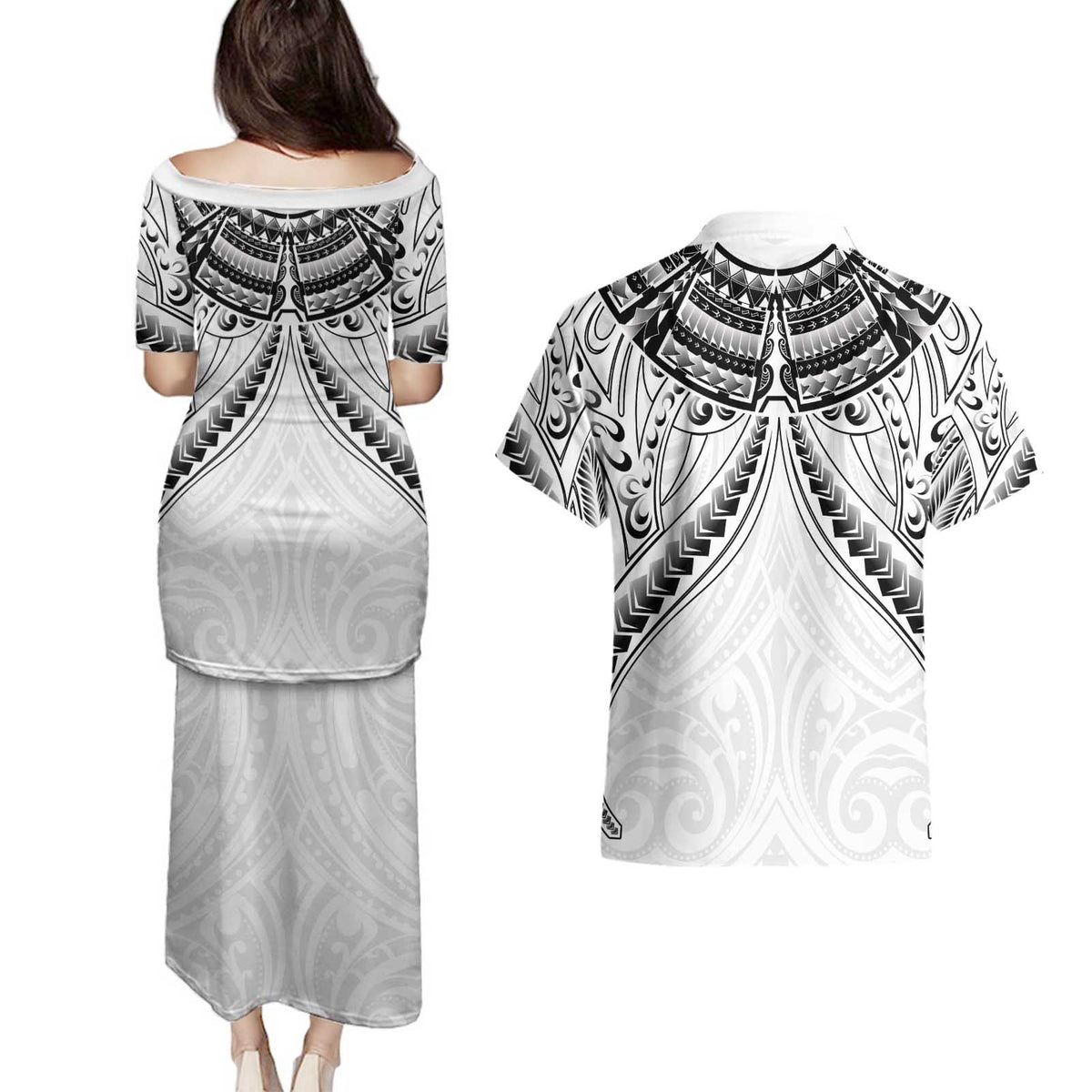 New Zealand Morepork Couples Matching Puletasi and Hawaiian Shirt Maori Pattern White