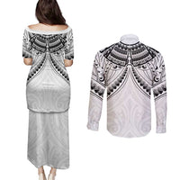 New Zealand Morepork Couples Matching Puletasi and Long Sleeve Button Shirt Maori Pattern White