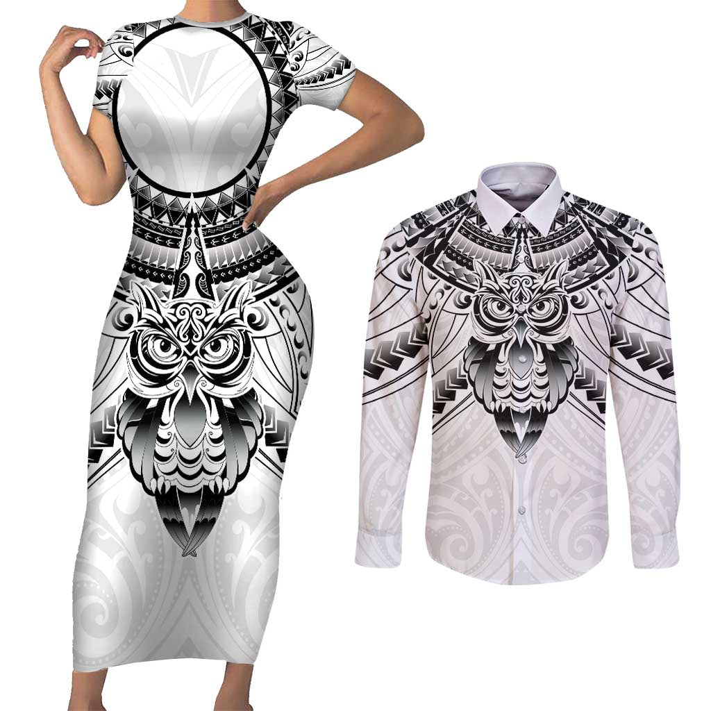 New Zealand Morepork Couples Matching Short Sleeve Bodycon Dress and Long Sleeve Button Shirt Maori Pattern White LT05 White - Polynesian Pride