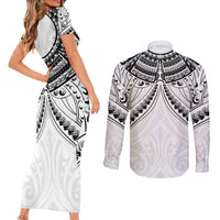 New Zealand Morepork Couples Matching Short Sleeve Bodycon Dress and Long Sleeve Button Shirt Maori Pattern White LT05 - Polynesian Pride
