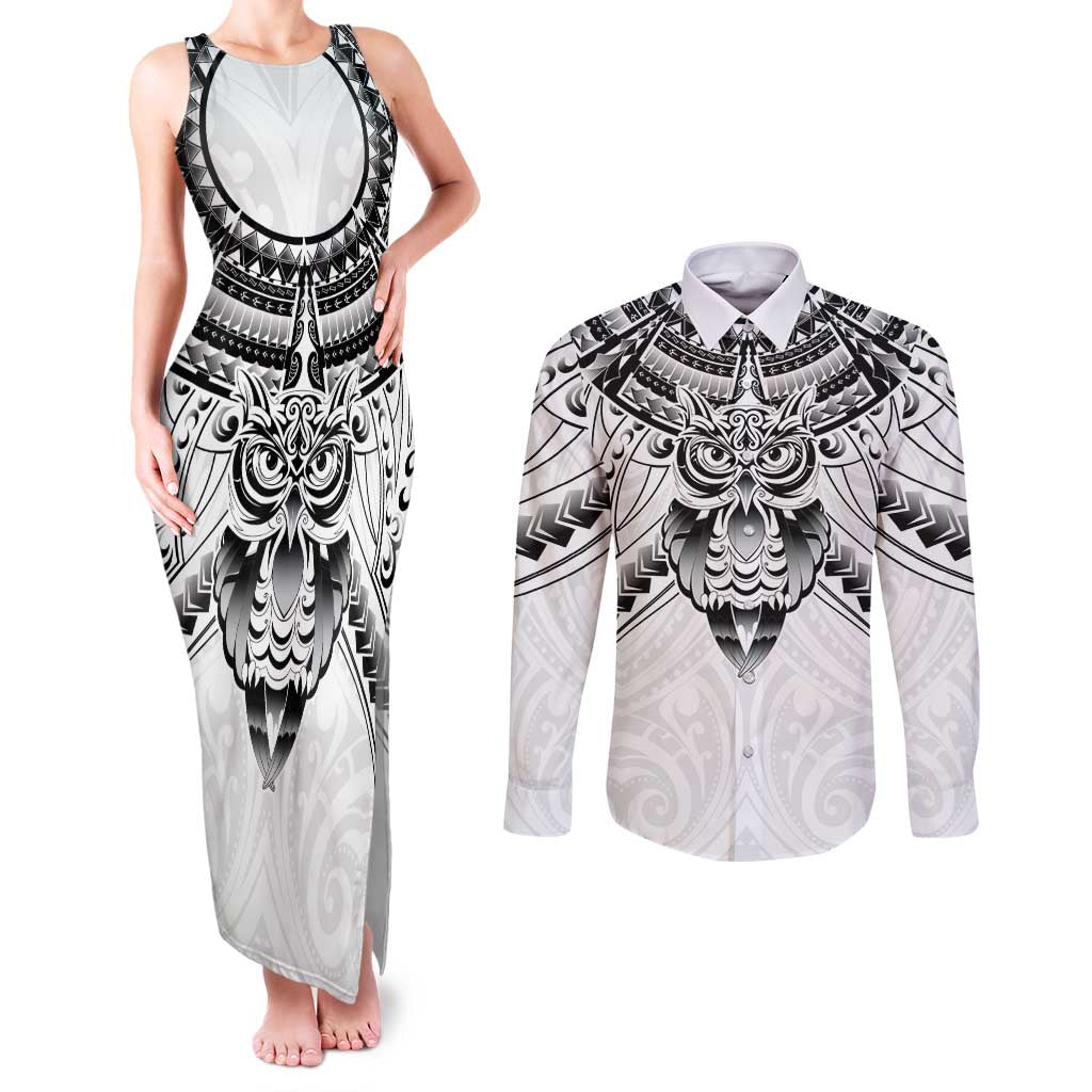 New Zealand Morepork Couples Matching Tank Maxi Dress and Long Sleeve Button Shirt Maori Pattern White LT05 White - Polynesian Pride