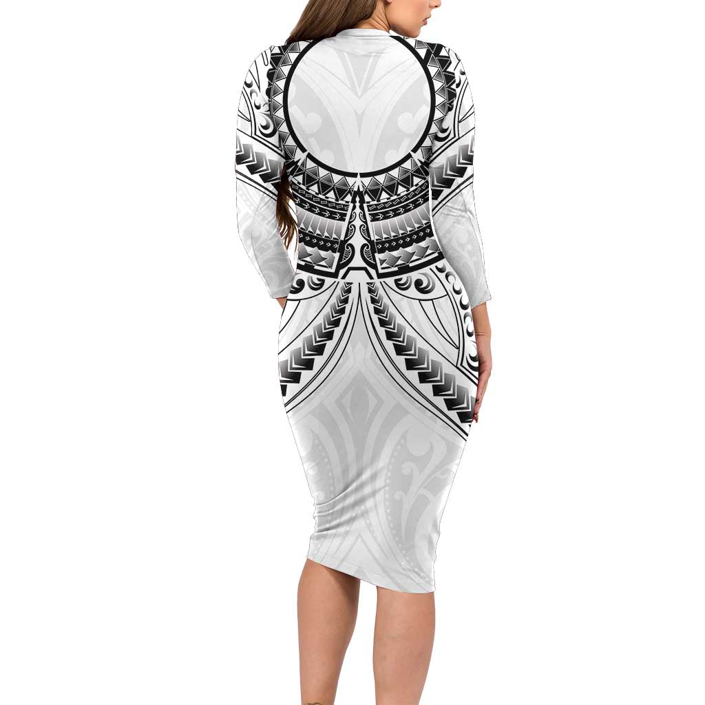New Zealand Morepork Family Matching Long Sleeve Bodycon Dress and Hawaiian Shirt Maori Pattern White LT05 - Polynesian Pride