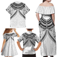 New Zealand Morepork Family Matching Off Shoulder Maxi Dress and Hawaiian Shirt Maori Pattern White LT05 - Polynesian Pride