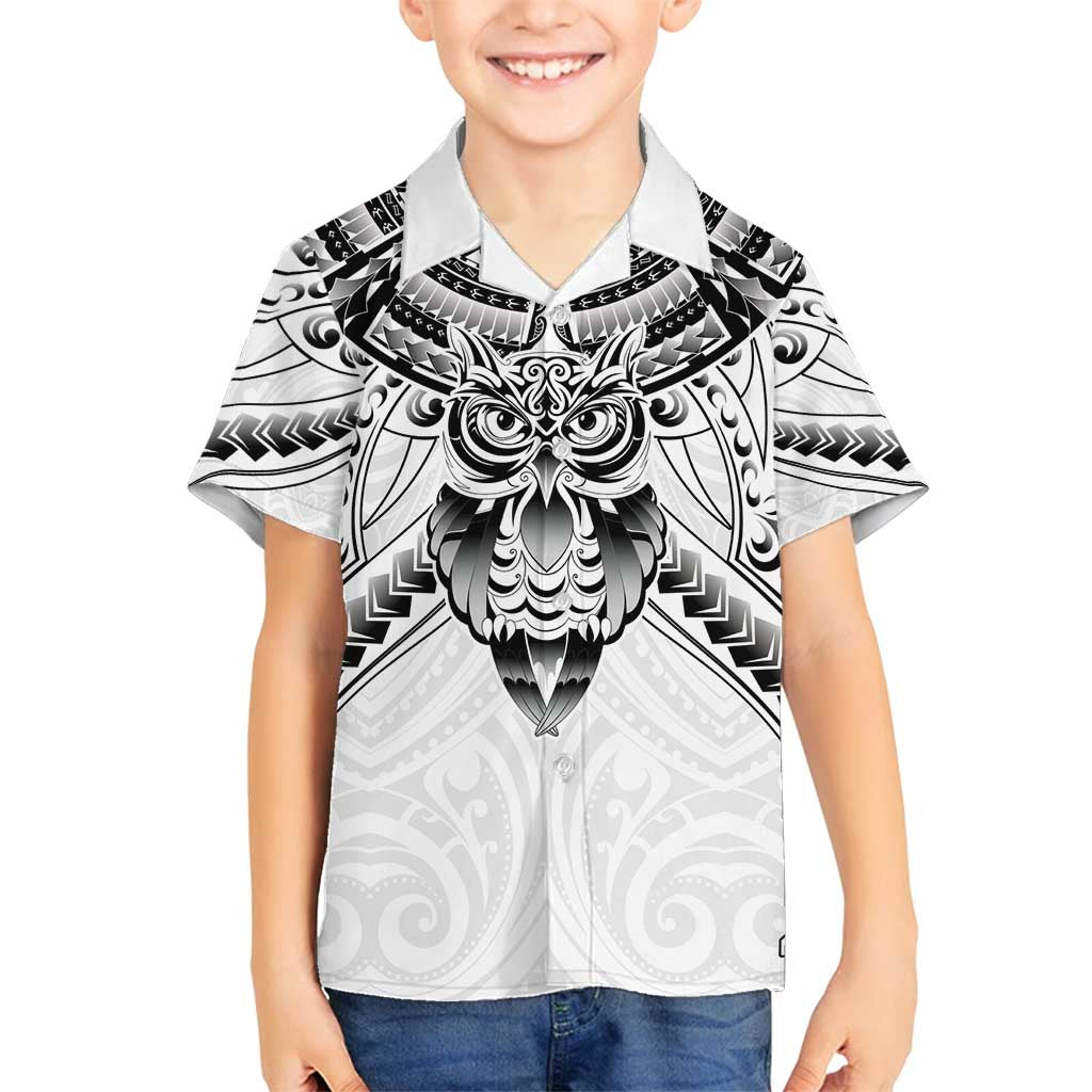 New Zealand Morepork Family Matching Off Shoulder Maxi Dress and Hawaiian Shirt Maori Pattern White LT05 Son's Shirt White - Polynesian Pride