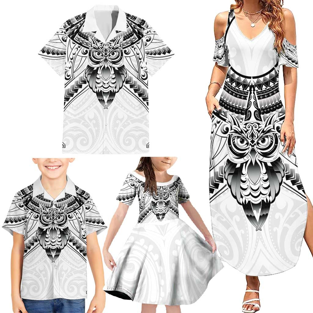 New Zealand Morepork Family Matching Summer Maxi Dress and Hawaiian Shirt Maori Pattern White LT05 - Polynesian Pride