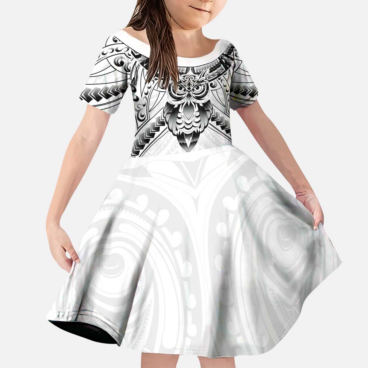New Zealand Morepork Kid Short Sleeve Dress Maori Pattern White