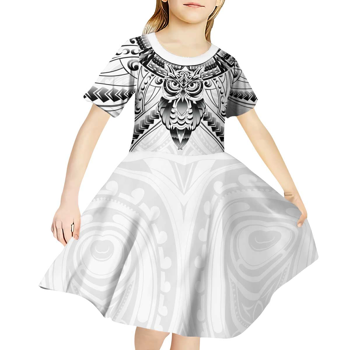 New Zealand Morepork Kid Short Sleeve Dress Maori Pattern White