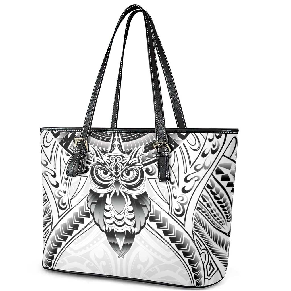 New Zealand Morepork Leather Tote Bag Maori Pattern White LT05 - Polynesian Pride