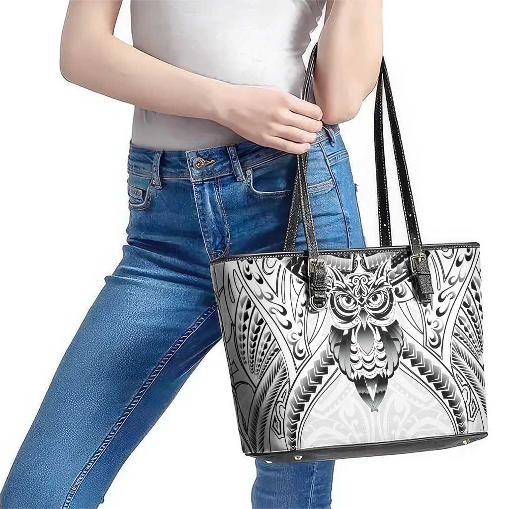 New Zealand Morepork Leather Tote Bag Maori Pattern White LT05 - Polynesian Pride